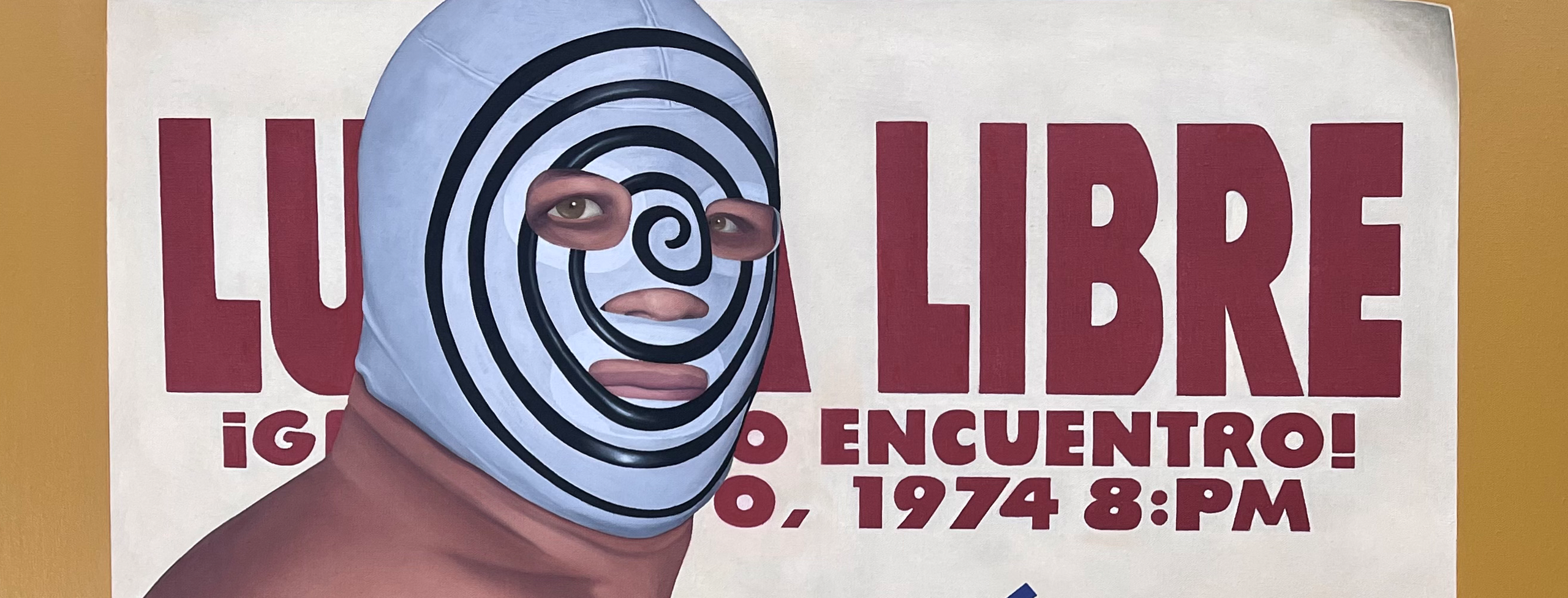 Painting of a lucha libre wrestling poster, the wrestler looking directly at the viewer through a white mask with a black spiral on it