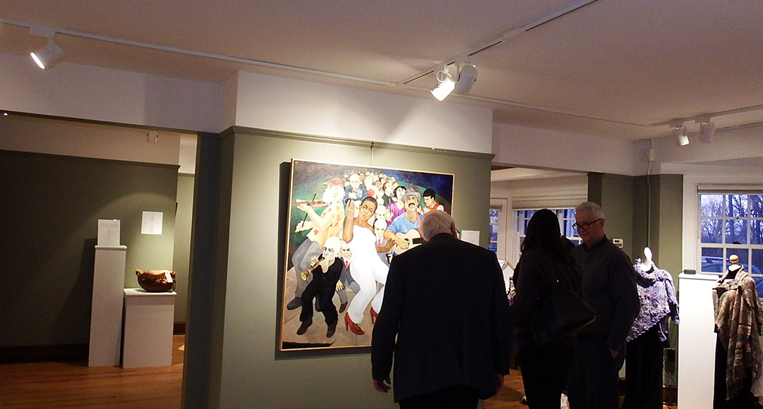 A few individuals stand in a gallery space, backlit, facing a color painting of a group of people dancing and playing instruments